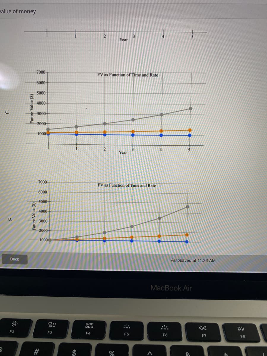 value of money
3
Year
15
7000
FV as Function of Time and Rate
6000
5000-
4000-
C.
3000-
2000-
1000
4
Year
7000-
FV as Function of Time and Rate
6000
5000
4000
D.
3000-
2000-
1000
Back
Autosaved at 11:36 AM
MacBook Air
80
000
000
DII
F2
F3
F4
F5
F6
F7
F8
$
8.
Future Value (S)
Future Value (S)
%24
