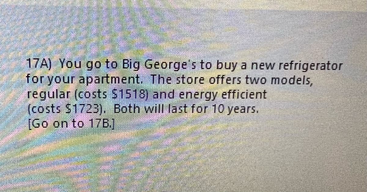 17A) You go to Big George's to buy a new refrigerator
for your apartment. The store offers two models,
regular (costs $1518) and energy efficient
(costs $1723). Both will last for 10 years.
[Go on to 17B.]