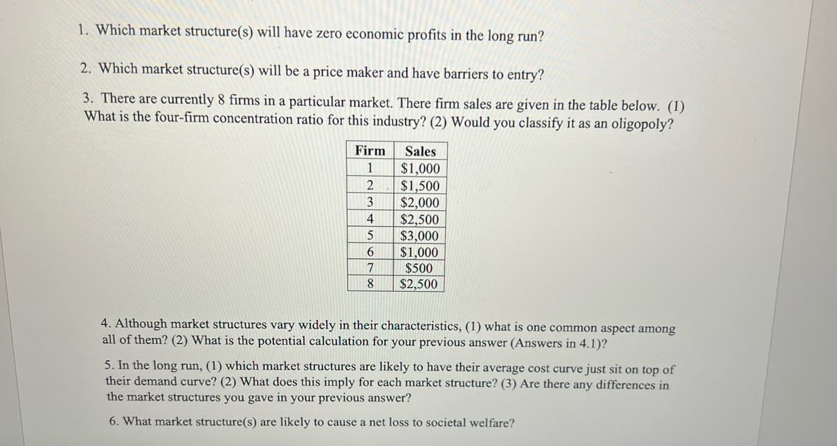 1. Which market structure(s) will have zero economic profits in the long run?
2. Which market structure(s) will be a price maker and have barriers to entry?
3. There are currently 8 firms in a particular market. There firm sales are given in the table below. (1)
What is the four-firm concentration ratio for this industry? (2) Would you classify it as an oligopoly?
Firm
1
2
3
4
5
6
7
8
Sales
$1,000
$1,500
$2,000
$2,500
$3,000
$1,000
$500
$2,500
4. Although market structures vary widely in their characteristics, (1) what is one common aspect among
all of them? (2) What is the potential calculation for your previous answer (Answers in 4.1)?
5. In the long run, (1) which market structures are likely to have their average cost curve just sit on top of
their demand curve? (2) What does this imply for each market structure? (3) Are there any differences in
the market structures you gave in your previous answer?
6. What market structure(s) are likely to cause a net loss to societal welfare?