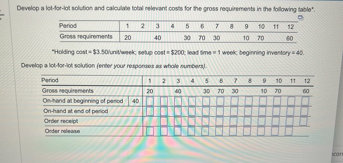 Develop a lot-for-lot solution and calculate total relevant costs for the gross requirements in the following table*.
5 6 7
30 70 30
9 10 11 12
60
10 70
Period
1
Gross requirements 20
2
Period
Gross requirements
On-hand at beginning of period 40
On-hand at end of period
Order receipt
Order release
3
40
1
20
4
*Holding cost = $3.50/unit/week; setup cost = $200; lead time = 1 week; beginning inventory = 40.
Develop a lot-for-lot solution (enter your responses as whole numbers).
2 3
40
4
8
5 6
30
7
70 30
8
9 10 11 12
10
70
60
corn