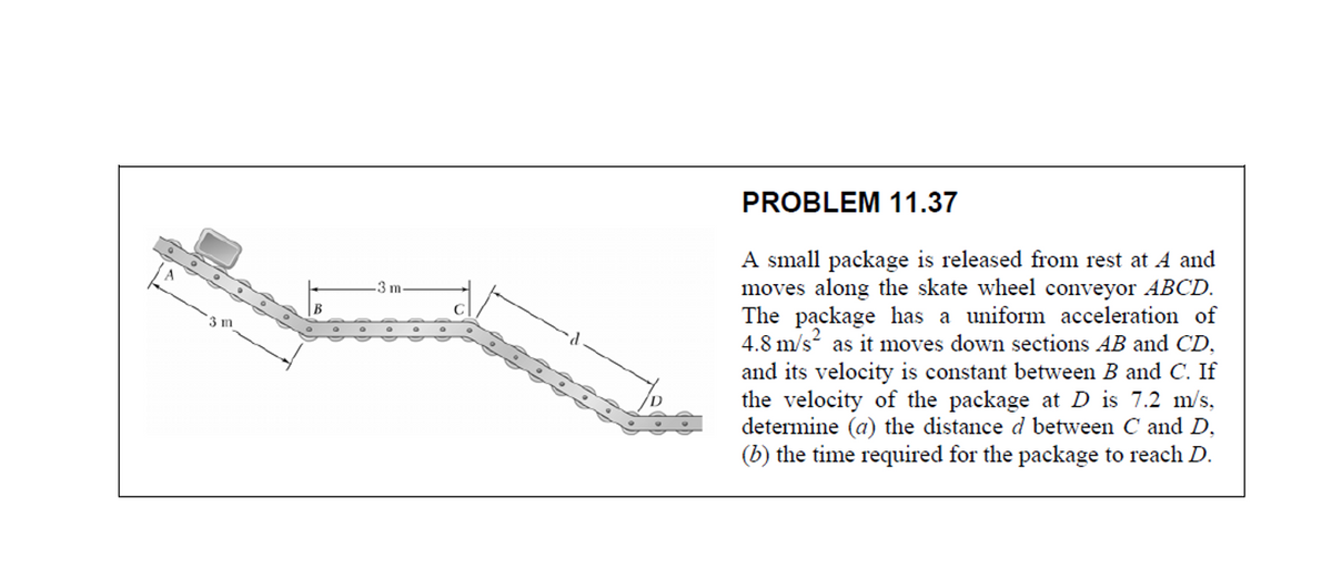 PROBLEM 11.37
A small package is released from rest at A and
moves along the skate wheel conveyor ABCD.
The package has a uniform acceleration of
4.8 m/s as it moves down sections AB and CD,
-3 m-
and its velocity is constant between B and C. If
the velocity of the package at D is 7.2 m/s,
determine (a) the distance d between C and D,
(b) the time required for the package to reach D.

