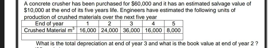 A concrete crusher has been purchased for $60,000 and it has an estimated salvage value of
$10,000 at the end of its five years life. Engineers have estimated the following units of
production of crushed materials over the next five year
1
2
3
4
5
End of year
Crushed Material m³
16,000 24,000 36,000 16,000 8,000
What is the total depreciation at end of year 3 and what is the book value at end of year 2 ?