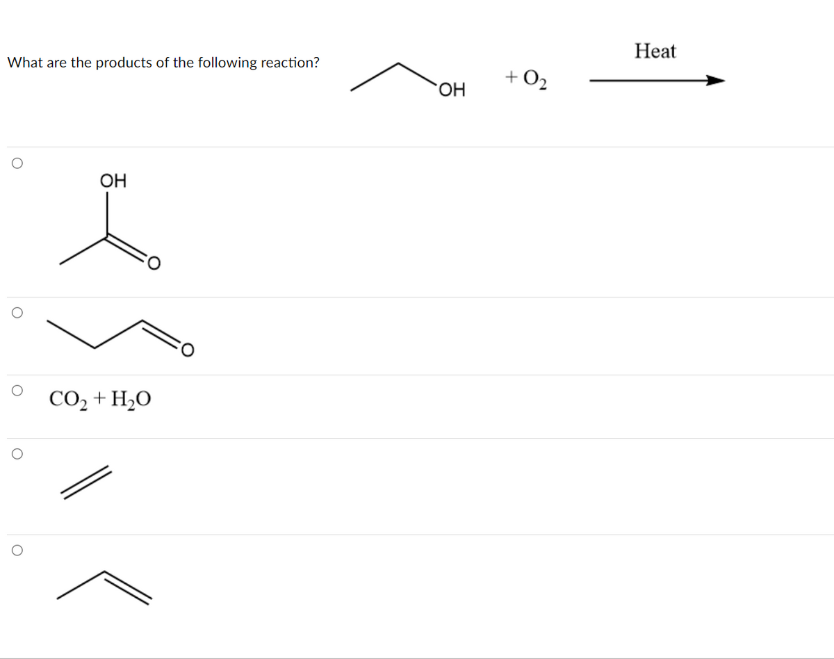 Heat
What are the products of the following reaction?
+ O2
HO.
OH
CO2 + H2O
