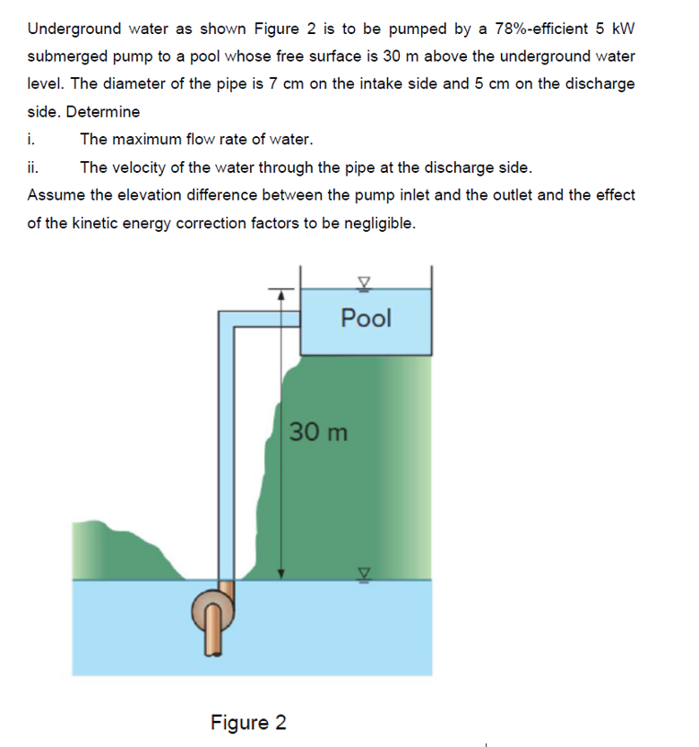 Underground water as shown Figure 2 is to be pumped by a 78%-efficient 5 kW
submerged pump to a pool whose free surface is 30 m above the underground water
level. The diameter of the pipe is 7 cm on the intake side and 5 cm on the discharge
side. Determine
i.
The maximum flow rate of water.
ii.
The velocity of the water through the pipe at the discharge side.
Assume the elevation difference between the pump inlet and the outlet and the effect
of the kinetic energy correction factors to be negligible.
Pool
30 m
Figure 2
