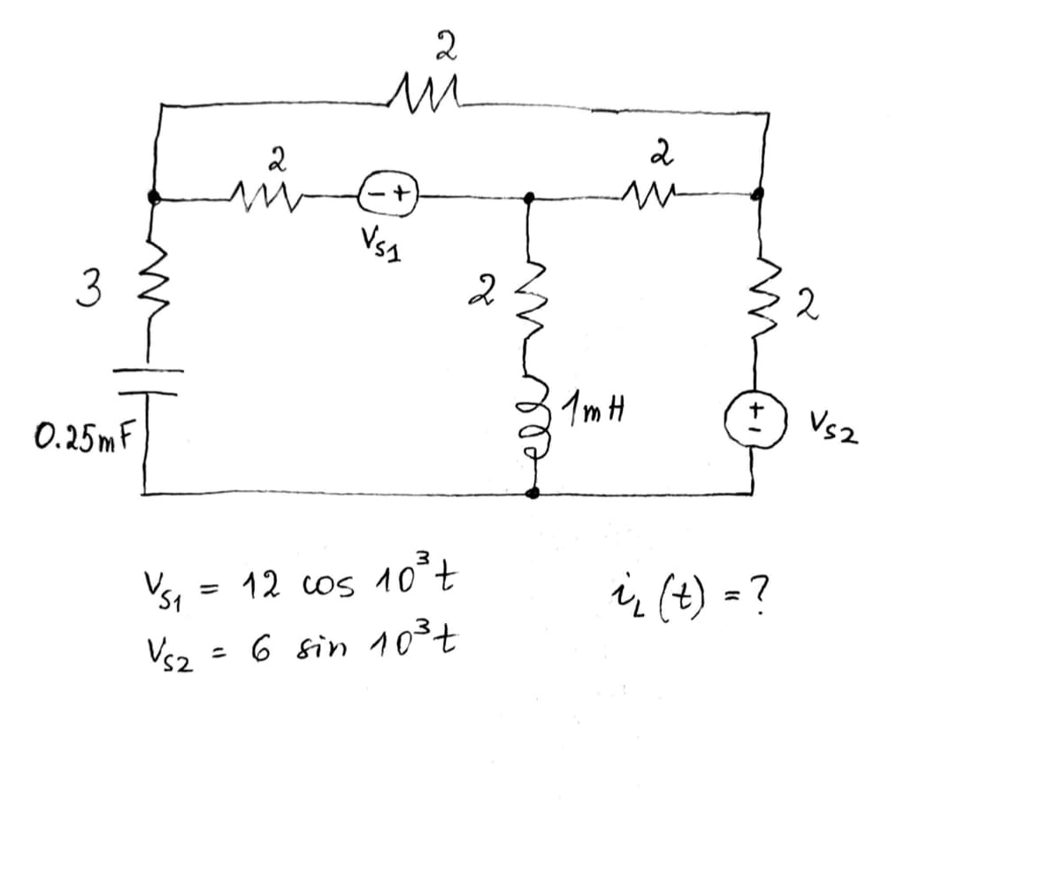 2
ли
2
VSA
2
3
ли
0.25m F
2
ли
2
1m H
V52
VS₁
= 12 cos 10³t
3
Vs₂ = 6 sin 10³t
i (t) = ?