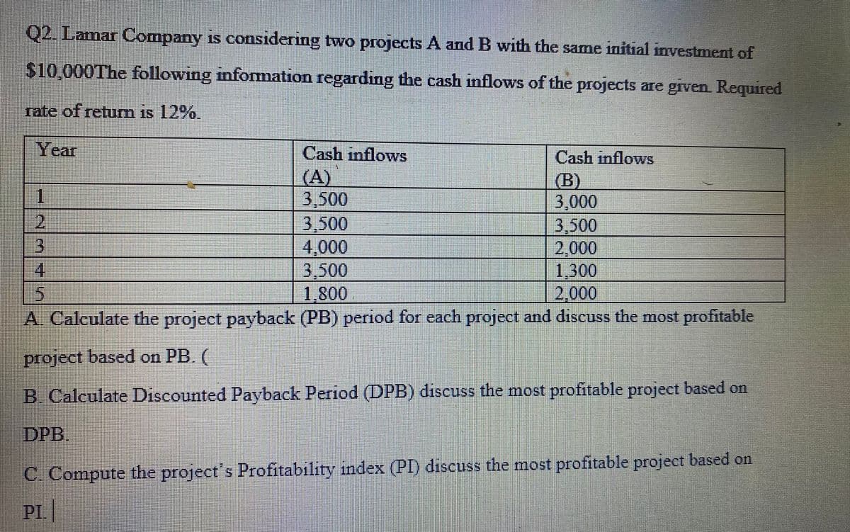 Q2. Lamar Company is considering two projects A and B with the same initial investment of
$10,000The following information regarding the cash inflows of the projects are given. Required
rate of return is 12%.
Year
Cash inflows
(A)
3,500
3,500
4,000
3.500
1,300
5
1,800
2,000
A. Calculate the project payback (PB) period for each project and discuss the most profitable
project based on PB. (
B. Calculate Discounted Payback Period (DPB) discuss the most profitable project based on
DPB
=
2
3
FORRADINGEBAREFEREND
Cash inflows
(B)
3,000
3,500
2,000
C. Compute the project's Profitability index (PI) discuss the most profitable project based on
PI.