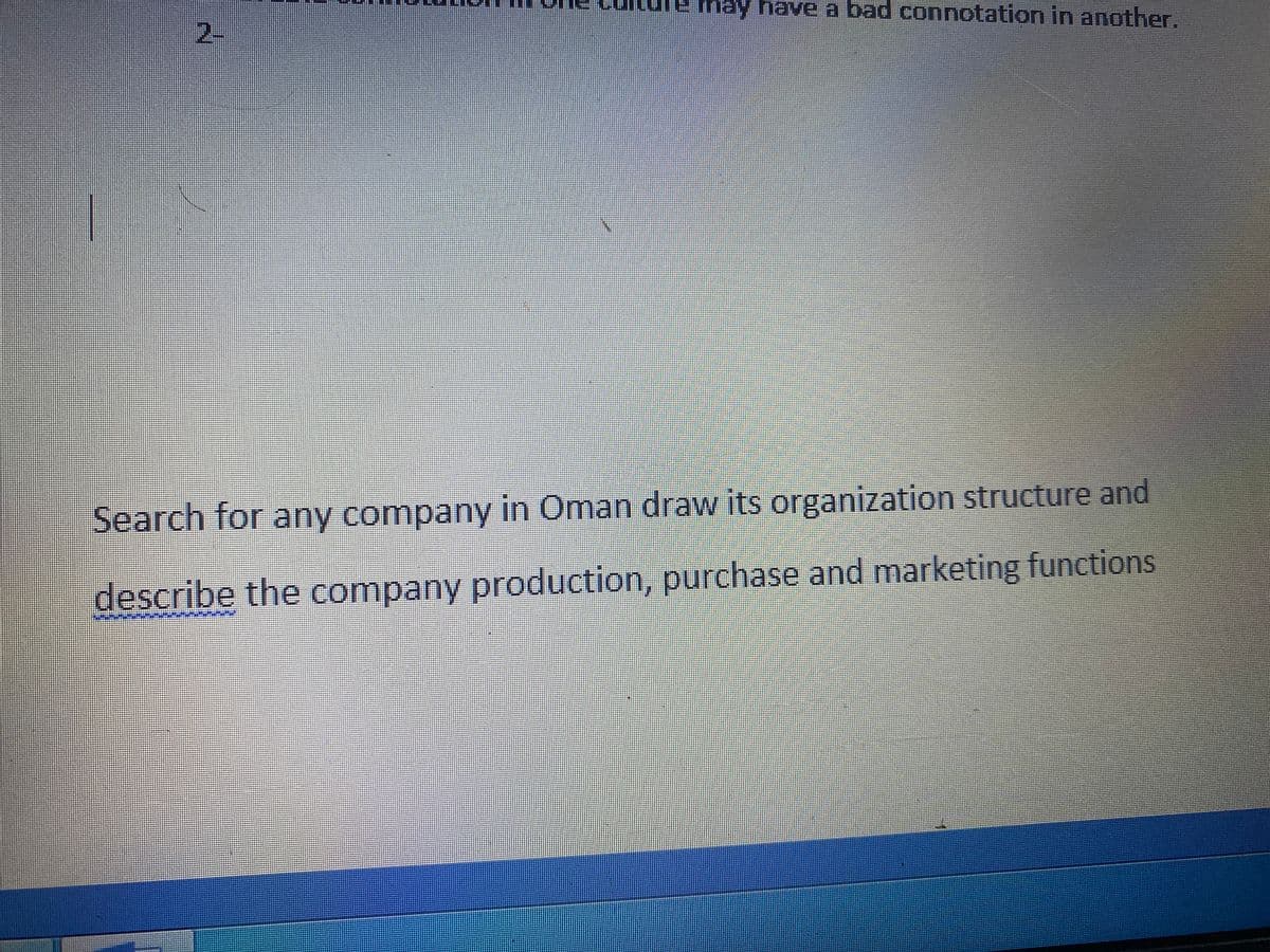 may have a bad connotation in another.
2-
Search for any company in Oman draw its organization structure and
describe the company production, purchase and marketing functions
