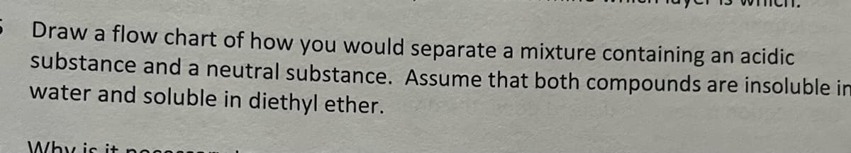 5 Draw a flow chart of how you would separate a mixture containing an acidic
substance and a neutral substance. Assume that both compounds are insoluble in
water and soluble in diethyl ether.
Why is it