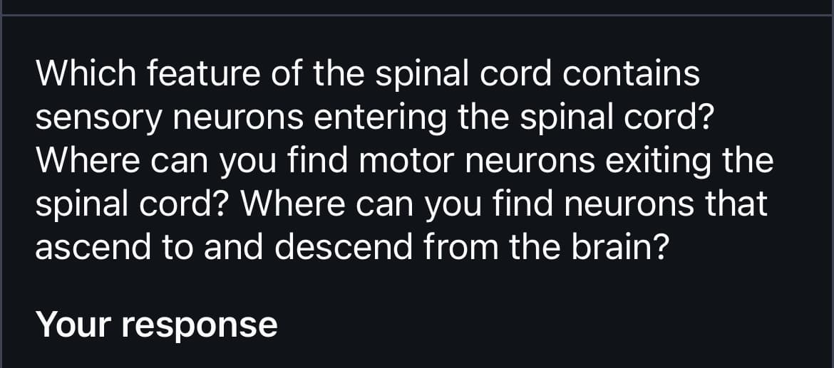 Which feature of the spinal cord contains
sensory neurons entering the spinal cord?
Where can you find motor neurons exiting the
spinal cord? Where can you find neurons that
ascend to and descend from the brain?
Your response