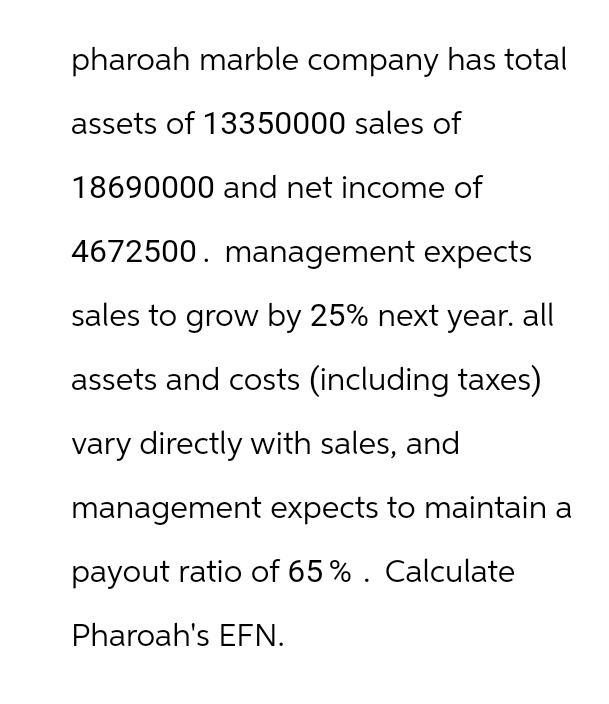 pharoah marble company has total
assets of 13350000 sales of
18690000 and net income of
4672500. management expects
sales to grow by 25% next year. all
assets and costs (including taxes)
vary directly with sales, and
management expects to maintain a
payout ratio of 65%. Calculate
Pharoah's EFN.