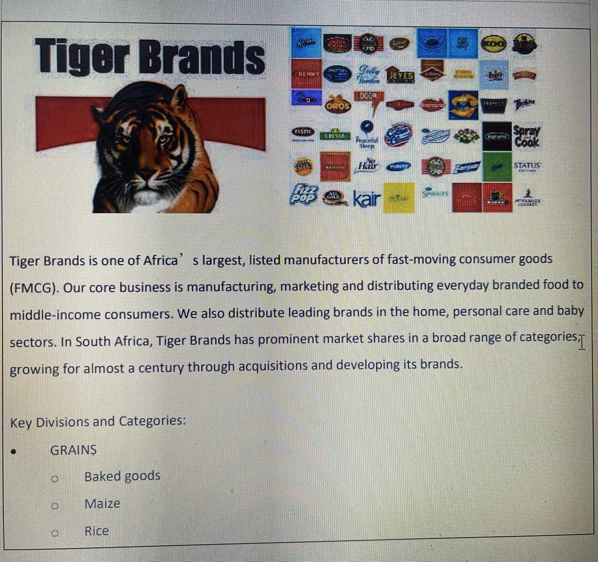 Tiger Brands
Key Divisions and Categories:
GRAINS
O
0
Baked goods
Maize
BENNY
Rice
O
TUSTIC
TORS
OROS
CRISIA
DOCA
Peaceful
Skop
Har
kair
JEYES
RAD
SPRACTS
KOO
Ingram
Tiger Brands is one of Africa's largest, listed manufacturers of fast-moving consumer goods
(FMCG). Our core business is manufacturing, marketing and distributing everyday branded food to
middle-income consumers. We also distribute leading brands in the home, personal care and baby
sectors. In South Africa, Tiger Brands has prominent market shares in a broad range of categories,
growing for almost a century through acquisitions and developing its brands.
Fiber
Spray
Cook
STATUS
KESKUZE
CHOLE