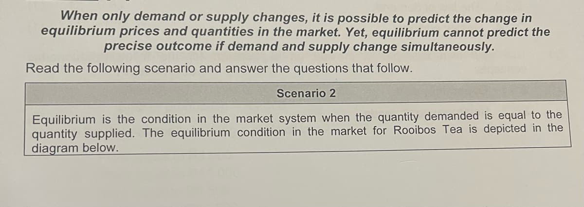 When only demand or supply changes, it is possible to predict the change in
equilibrium prices and quantities in the market. Yet, equilibrium cannot predict the
precise outcome if demand and supply change simultaneously.
Read the following scenario and answer the questions that follow.
Scenario 2
Equilibrium is the condition in the market system when the quantity demanded is equal to the
quantity supplied. The equilibrium condition in the market for Rooibos Tea is depicted in the
diagram below.