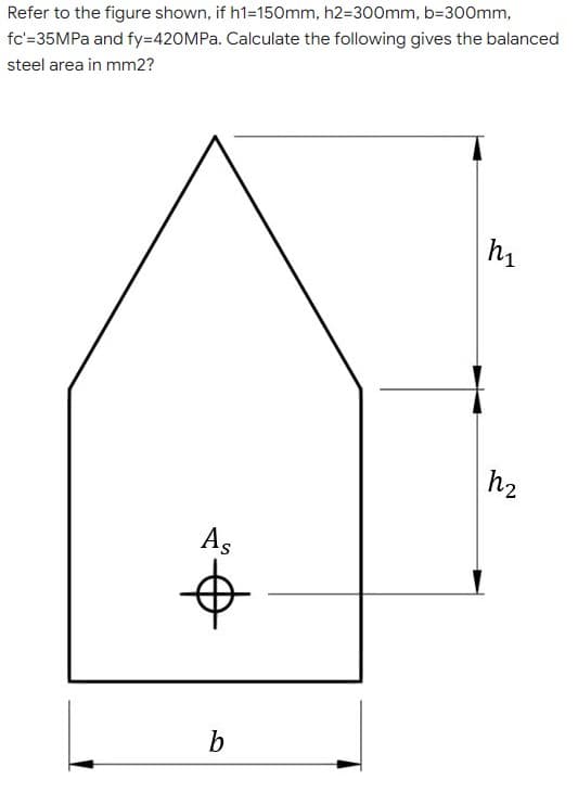 Refer to the figure shown, if h1=150mm, h2=300mm, b=300mm,
fc'=35MPa and fy=420MPa. Calculate the following gives the balanced
steel area in mm2?
h₁
As
b
h₂