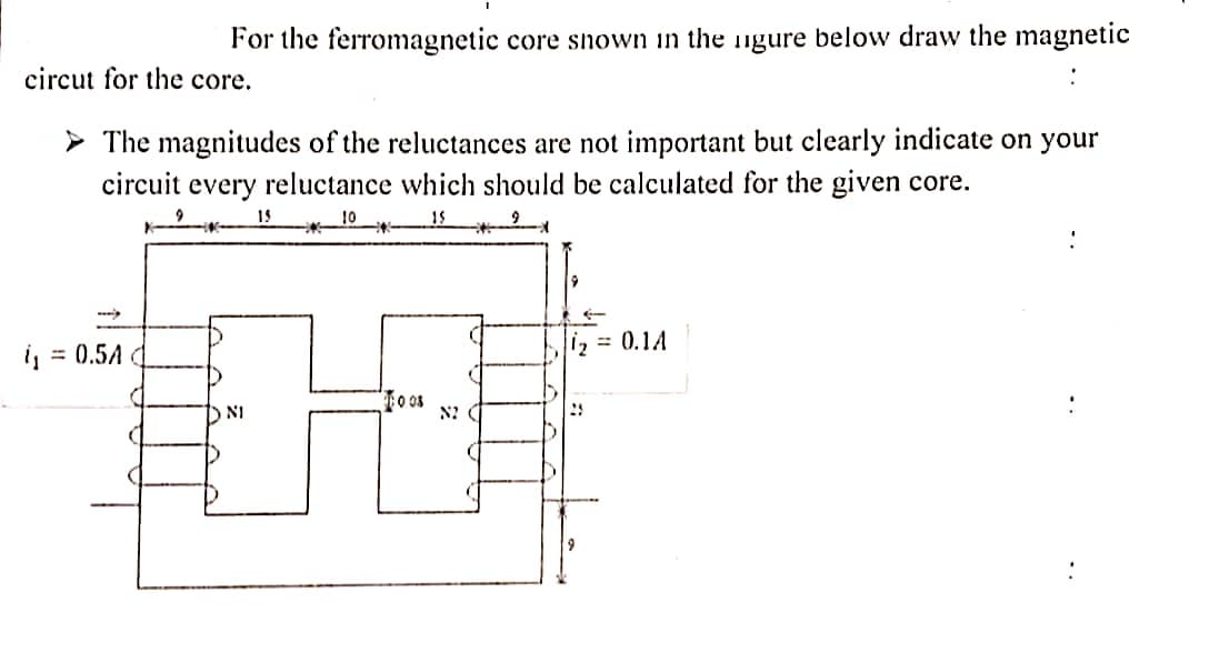 circut for the core.
(₁
For the ferromagnetic core shown in the gure below draw the magnetic
The magnitudes of the reluctances are not important but clearly indicate on your
circuit every reluctance which should be calculated for the given core.
10
15
= 0.5A d
DNI
15
0.03
N2
1₂ = 0.1A
9