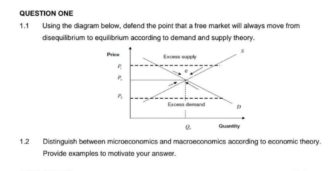 QUESTION ONE
1.1 Using the diagram below, defend the point that a free market will always move from
disequilibrium to equilibrium according to demand and supply theory.
1.2
Price
P
P
P₂
Excess supply
Excess demand
le
D
Quantity
Distinguish between microeconomics and macroeconomics according to economic theory.
Provide examples to motivate your answer.