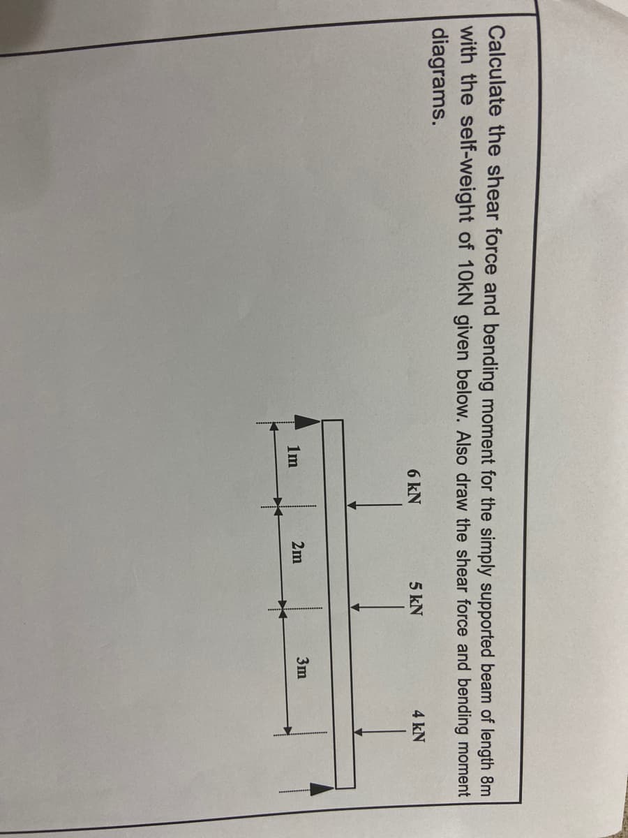 Calculate the shear force and bending moment for the simply supported beam of length 8m
with the self-weight of 1OKN given below. Also draw the shear force and bending moment
diagrams.
6 kN
5 kN
4 kN
1m
2m
3m
