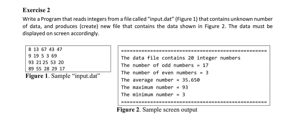 Exercise 2
Write a Program that reads integers from a file called "input.dat" (Figure 1) that contains unknown number
of data, and produces (create) new file that contains the data shown in Figure 2. The data must be
displayed on screen accordingly.
8 13 67 43 47
9 19 5 3 69
The data file contains 20 integer numbers
93 21 25 53 20
The number of odd numbers
17
89 55 28 29 17
The number of even numbers
%3D
Figure 1. Sample “input.dat"
The average number
35.650
%3D
The maximum number
93
%3D
The minimum number
3
%3D
Figure 2. Sample screen output
