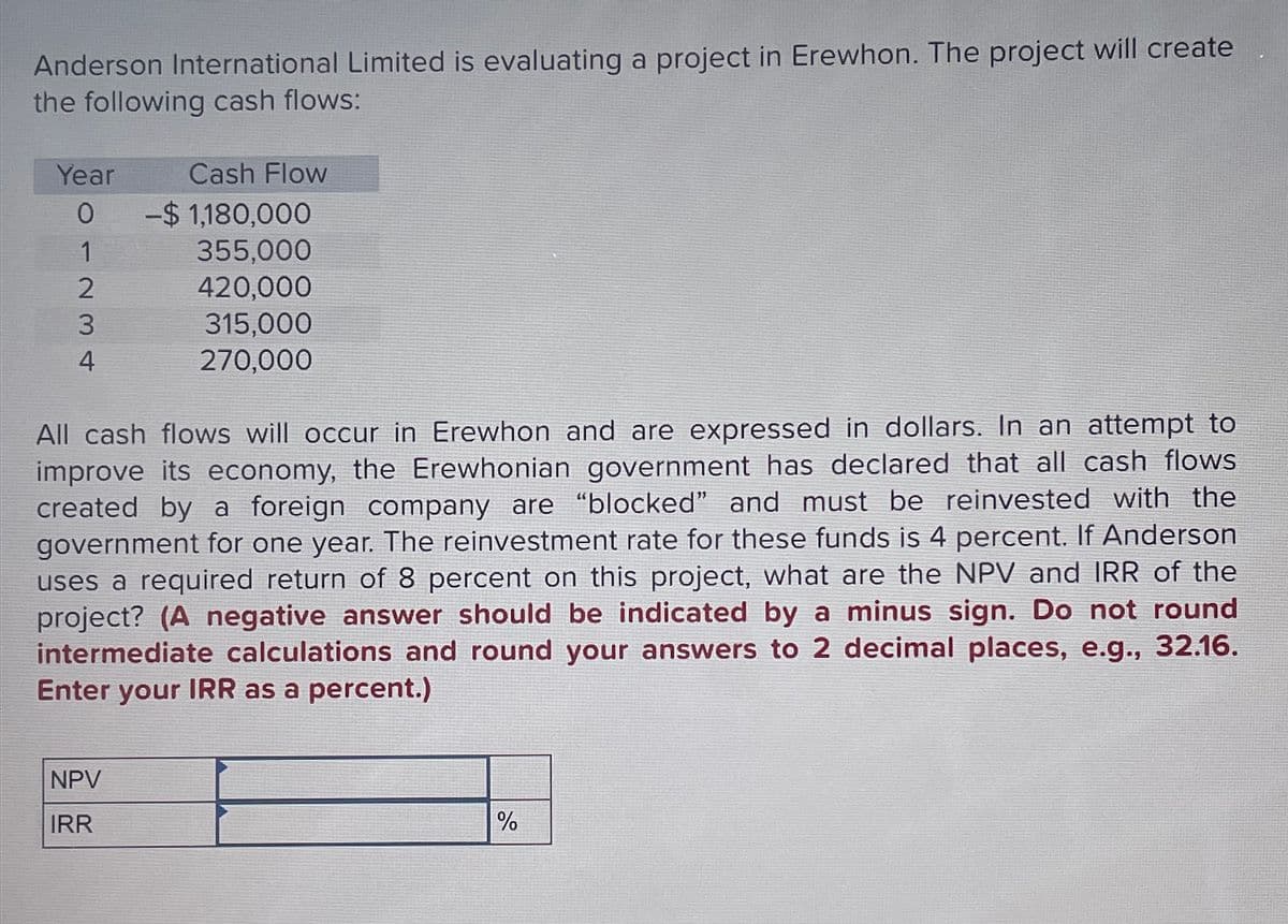 Anderson International Limited is evaluating a project in Erewhon. The project will create
the following cash flows:
Year
Cash Flow
0
-$1,180,000
1
355,000
234
420,000
315,000
270,000
All cash flows will occur in Erewhon and are expressed in dollars. In an attempt to
improve its economy, the Erewhonian government has declared that all cash flows
created by a foreign company are "blocked" and must be reinvested with the
government for one year. The reinvestment rate for these funds is 4 percent. If Anderson
uses a required return of 8 percent on this project, what are the NPV and IRR of the
project? (A negative answer should be indicated by a minus sign. Do not round
intermediate calculations and round your answers to 2 decimal places, e.g., 32.16.
Enter your IRR as a percent.)
NPV
IRR
%