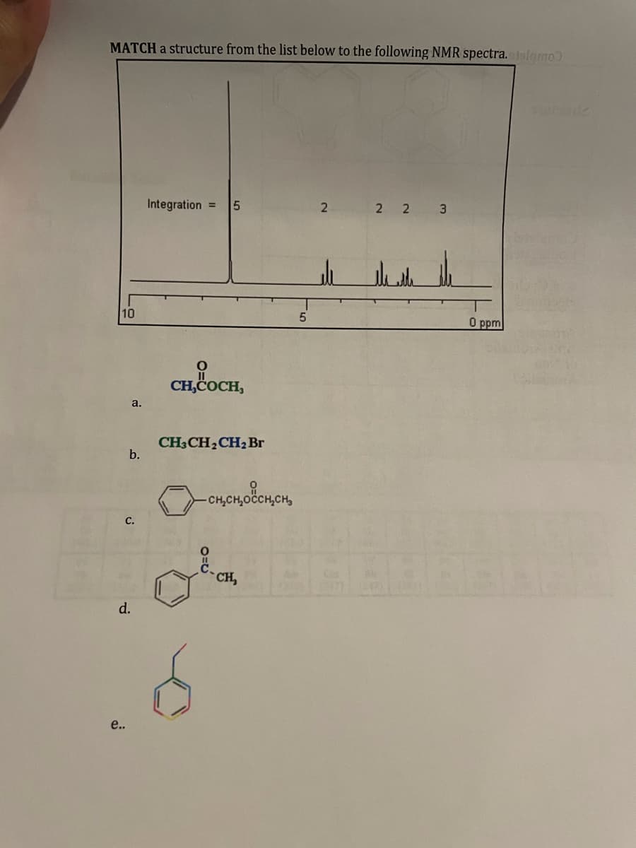 MATCH a structure from the list below to the following NMR spectra. lemo
Integration =
2 2 2 3
10
О ppm
CH,COCH,
a.
CH3CH2CH2 Br
b.
-CH,CH,OCCH,CH,
с.
CH,
d.
e..
