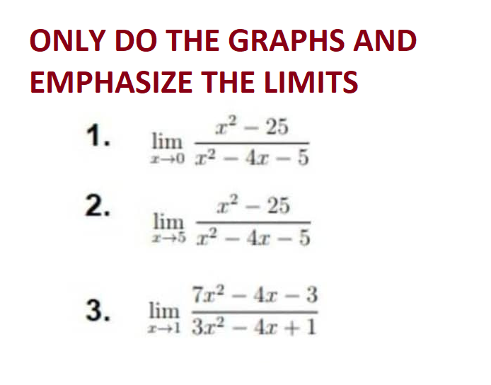ONLY DO THE GRAPHS AND
EMPHASIZE THE LIMITS
1.
2.
3.
x²-25
lim
1-0 ²-4x5
2²-25
lim
1-5 x² - 4x - 5
7x² - 4x-3
lim
2+1 3x² - 4x + 1