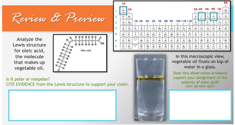 Review & Preview
Analyze the
Lewis structure
for oleic acid,
the molecule
that makes up
vegetable oil.
H.
H.
HH
-C-H
H
Olele Acid
OH
3
4
5
ΤΑ
2A
úte
Na Mg
22
3B 4B 5B 6B 7B 8B 98 10B 11B 128
8
9
A
22.
Is it polar or nonpolar?
CITE EVIDENCE from the Lewis structure to support your claim.
3A 4A SA 6A 7A
15
6
85404 47.62906422455 HA HEM 64
RON
1834 18621 1962 1922 14 167 2039 204.34 2022 2049
He
MI IN
1200
29
122250443206155
a
Zn Ga G
*AAAAAA**R7E
182.41 11482 11831 12:36 1270 1260 L
McLa
8A
16
In this macroscopic view,
vegetable oil floats on top of
water in a glass.
Does this observation evidence
support your assignment of the
polarity of oleic acid?
WHY OR WHY NOT?