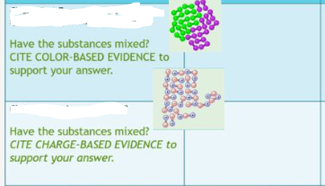 Have the substances mixed?
CITE COLOR-BASED EVIDENCE to
support your answer.
Have the substances mixed?
CITE CHARGE-BASED EVIDENCE to
support your answer.