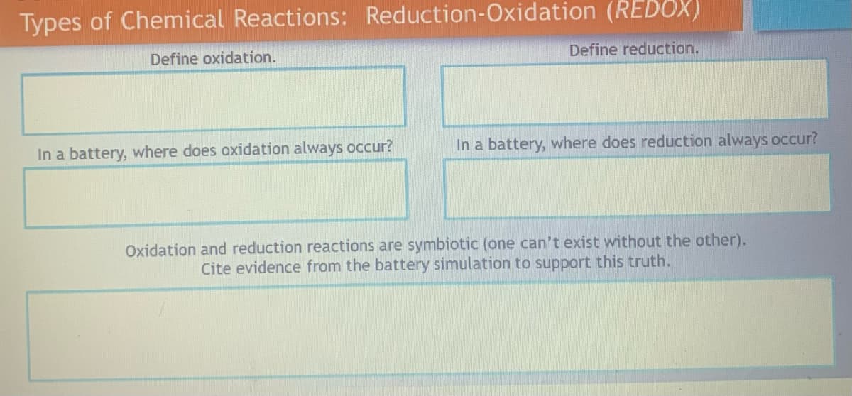 Types of Chemical Reactions: Reduction-Oxidation (REDOX)
Define oxidation.
Define reduction.
In a battery, where does oxidation always occur?
In a battery, where does reduction always occur?
Oxidation and reduction reactions are symbiotic (one can't exist without the other).
Cite evidence from the battery simulation to support this truth.