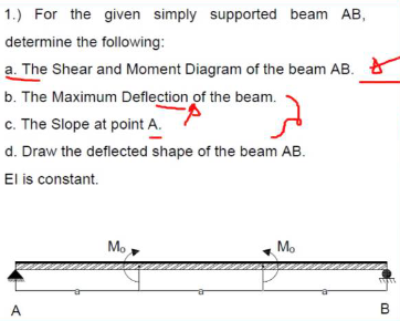 1.) For the given simply supported beam AB,
determine the following:
a. The Shear and Moment Diagram of the beam AB.
b. The Maximum Deflection of the beam.
c. The Slope at point A.
d. Draw the deflected shape of the beam AB.
El is constant.
Mo
Mo
A
B
