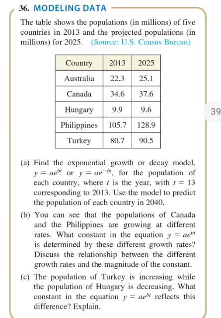 The table shows the populations (in millions) of five
countries in 2013 and the projected populations (in
millions) for 2025. (Source: U.S. Census Bureau)
Country
2013 2025
Australia
22.3
25.1
Canada
34.6
37.6
Hungary
9.9
9.6
Philippines 105.7 || 128.9
Turkey
80.7
90.5
(a) Find the exponential growth or decay model,
y = ae" or y = ae¯b, for the population of
each country, where t is the year, with t = 13
corresponding to 2013. Use the model to predict
the population of each country in 2040.
