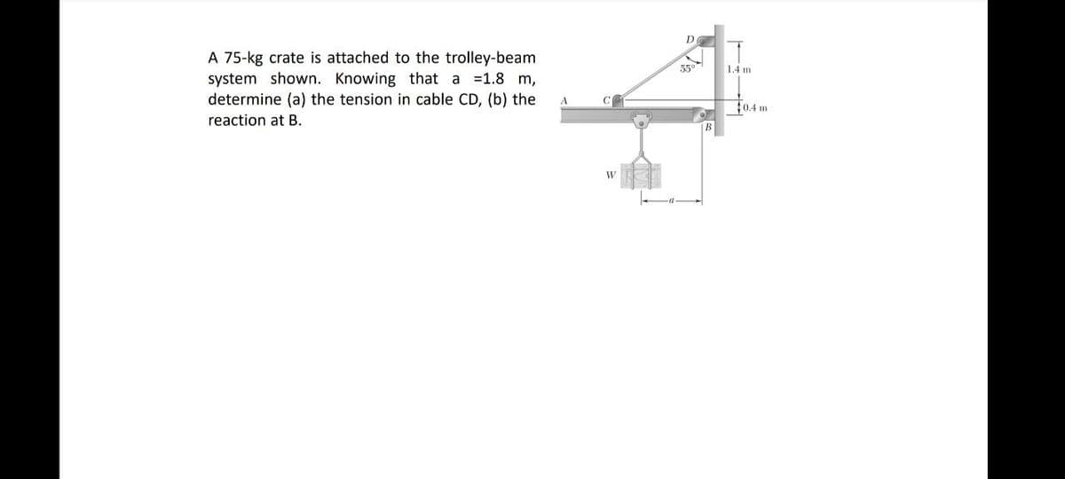 A 75-kg crate is attached to the trolley-beam
system shown. Knowing that a
=1.8 m,
determine (a) the tension in cable CD, (b) the
reaction at B.
W
D
55°
1.4 m
$0.4 m