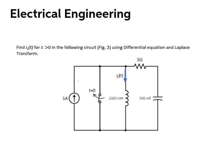 Electrical Engineering
Find i(t) for t >0 in the following circuit (Fig. 2) using Differential equation and Laplace
Transform.
30
L(t)
t=0
1A(1
500 mF
1000 mH
u
