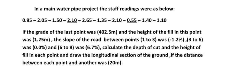 In a main water pipe project the staff readings were as below:
0.95 2.05 1.50 - 2.10- 2.65- 1.35- 2.10- 0.55- 1.40-1.10
If the grade of the last point was (402.5m) and the height of the fill in this point
was (1.25m), the slope of the road between points (1 to 3) was (-1.2%),(3 to 6)
was (0.0%) and (6 to 8) was (6.7%), calculate the depth of cut and the height of
fill in each point and draw the longitudinal section of the ground ,if the distance
between each point and another was (20m).
