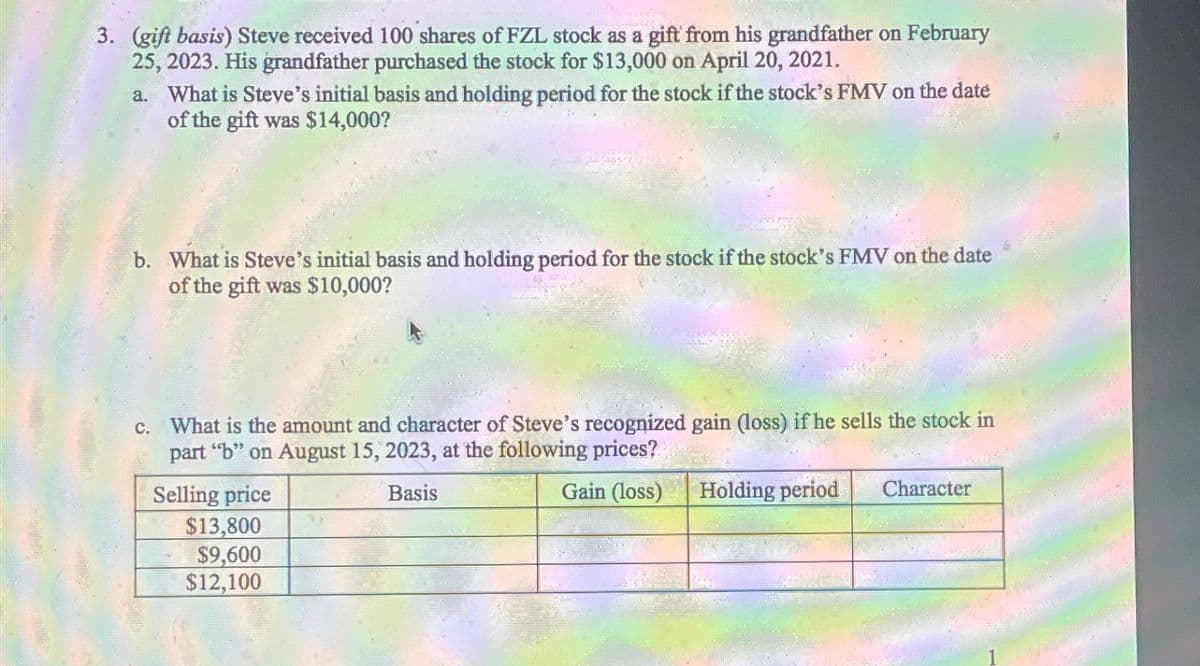 3. (gift basis) Steve received 100 shares of FZL stock as a gift from his grandfather on February
25, 2023. His grandfather purchased the stock for $13,000 on April 20, 2021.
a. What is Steve's initial basis and holding period for the stock if the stock's FMV on the date
of the gift was $14,000?
b. What is Steve's initial basis and holding period for the stock if the stock's FMV on the date
of the gift was $10,000?
c. What is the amount and character of Steve's recognized gain (loss) if he sells the stock in
part "b" on August 15, 2023, at the following prices?
Selling price
Basis
Gain (loss)
$13,800
$9,600
$12,100
Holding period
Character