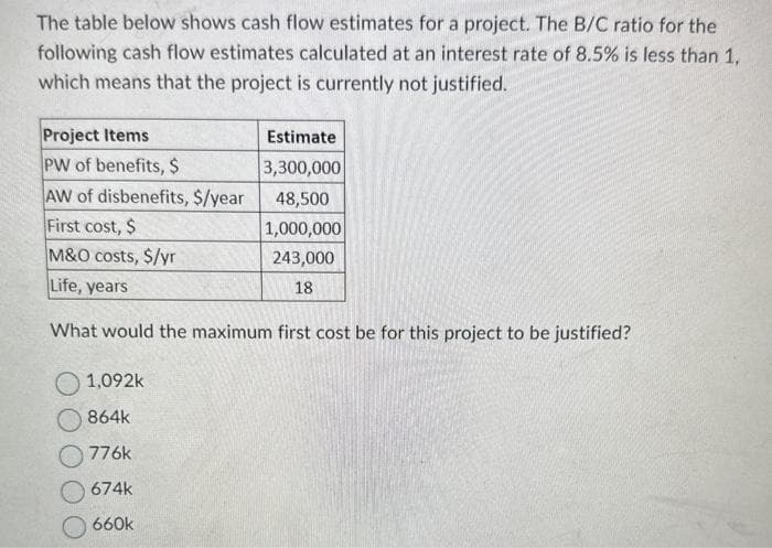 The table below shows cash flow estimates for a project. The B/C ratio for the
following cash flow estimates calculated at an interest rate of 8.5% is less than 1,
which means that the project is currently not justified.
Project Items
PW of benefits, $
AW of disbenefits, $/year
First cost, $
M&O costs, $/yr
Life, years
What would the maximum first cost be for this project to be justified?
1,092k
864k
776k
674k
660k
Estimate
3,300,000
48,500
1,000,000
243,000
18