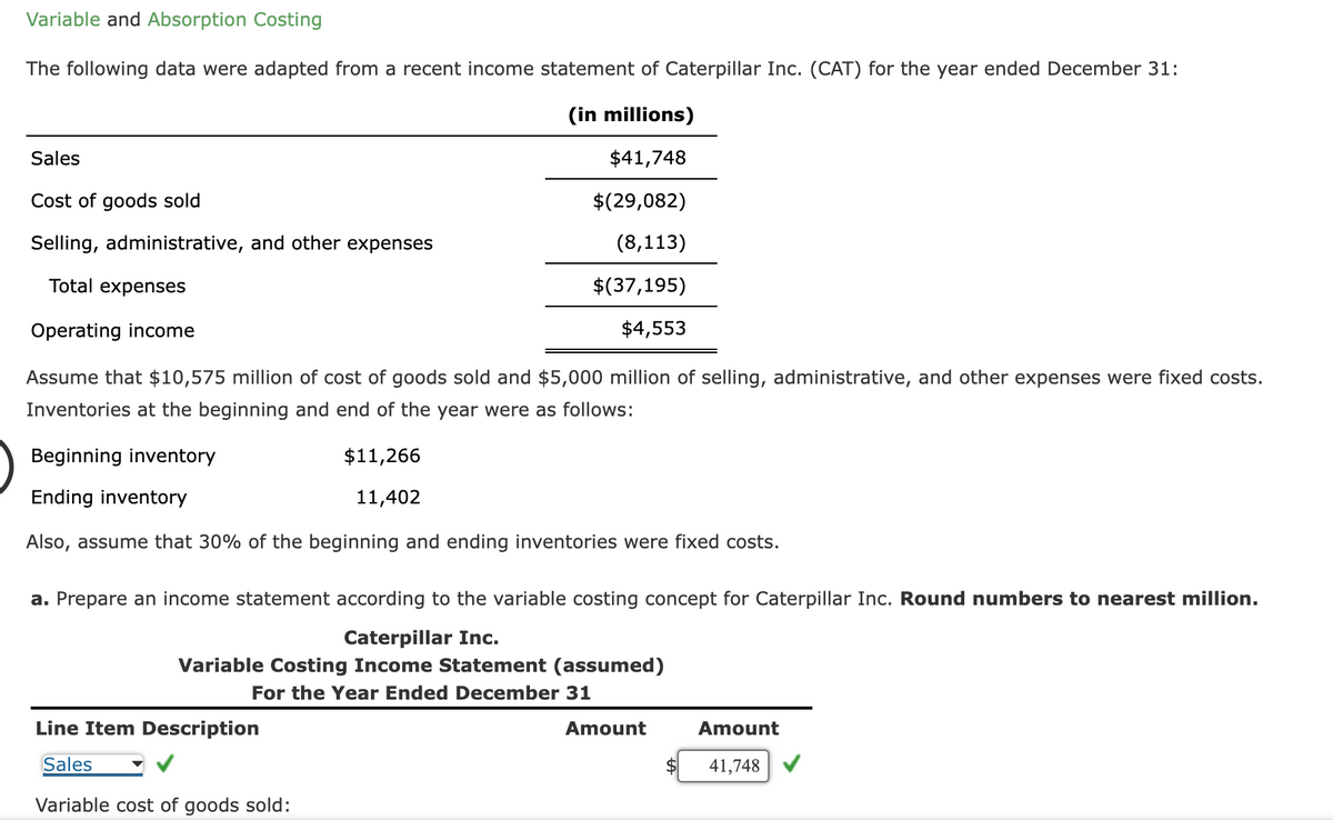 Variable and Absorption Costing
The following data were adapted from a recent income statement of Caterpillar Inc. (CAT) for the year ended December 31:
(in millions)
$41,748
$(29,082)
(8,113)
$(37,195)
$4,553
Sales
Cost of goods sold
Selling, administrative, and other expenses
Total expenses
Operating income
Assume that $10,575 million of cost of goods sold and $5,000 million of selling, administrative, and other expenses were fixed costs.
Inventories at the beginning and end of the year were as follows:
Beginning inventory
$11,266
11,402
Ending inventory
Also, assume that 30% of the beginning and ending inventories were fixed costs.
a. Prepare an income statement according to the variable costing concept for Caterpillar Inc. Round numbers to nearest million.
Caterpillar Inc.
Variable Costing Income Statement (assumed)
For the Year Ended December 31
Line Item Description
Sales
Variable cost of goods sold:
Amount
Amount
$ 41,748