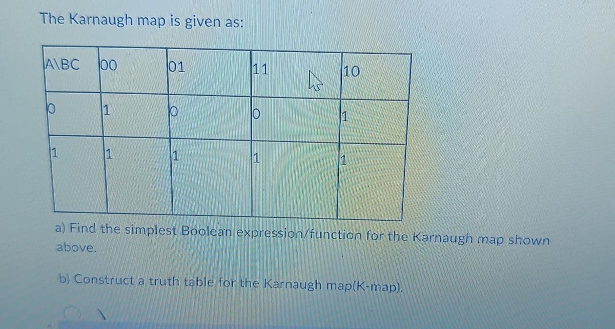 The Karnaugh map is given as:
A\BC
10
P
100
1
1
01
10.
T
11
10
1
A
10
1
a) Find the simplest Boolean expression/function for the Karnaugh map shown
above.
b) Construct a truth table for the Karnaugh map(K-map).