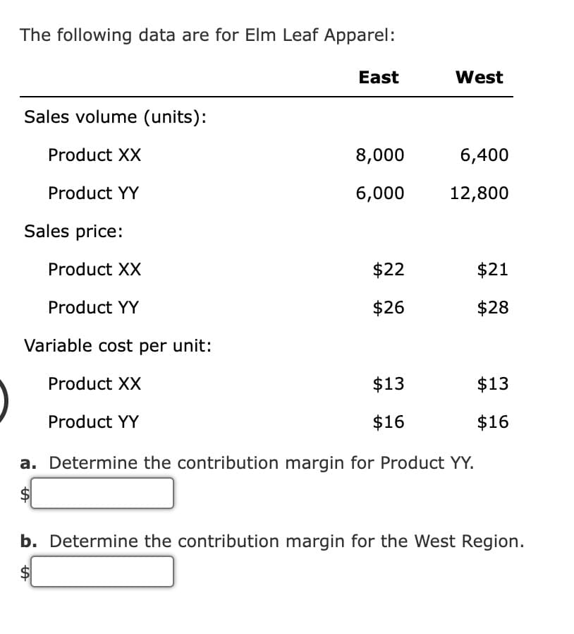 The following data are for Elm Leaf Apparel:
Sales volume (units):
Product XX
Product YY
Sales price:
Product XX
Product YY
Variable cost per unit:
A
Product XX
Product YY
East
8,000
6,000
$22
$26
$13
$16
West
6,400
12,800
a. Determine the contribution margin for Product YY.
$21
$28
$13
$16
b. Determine the contribution margin for the West Region.