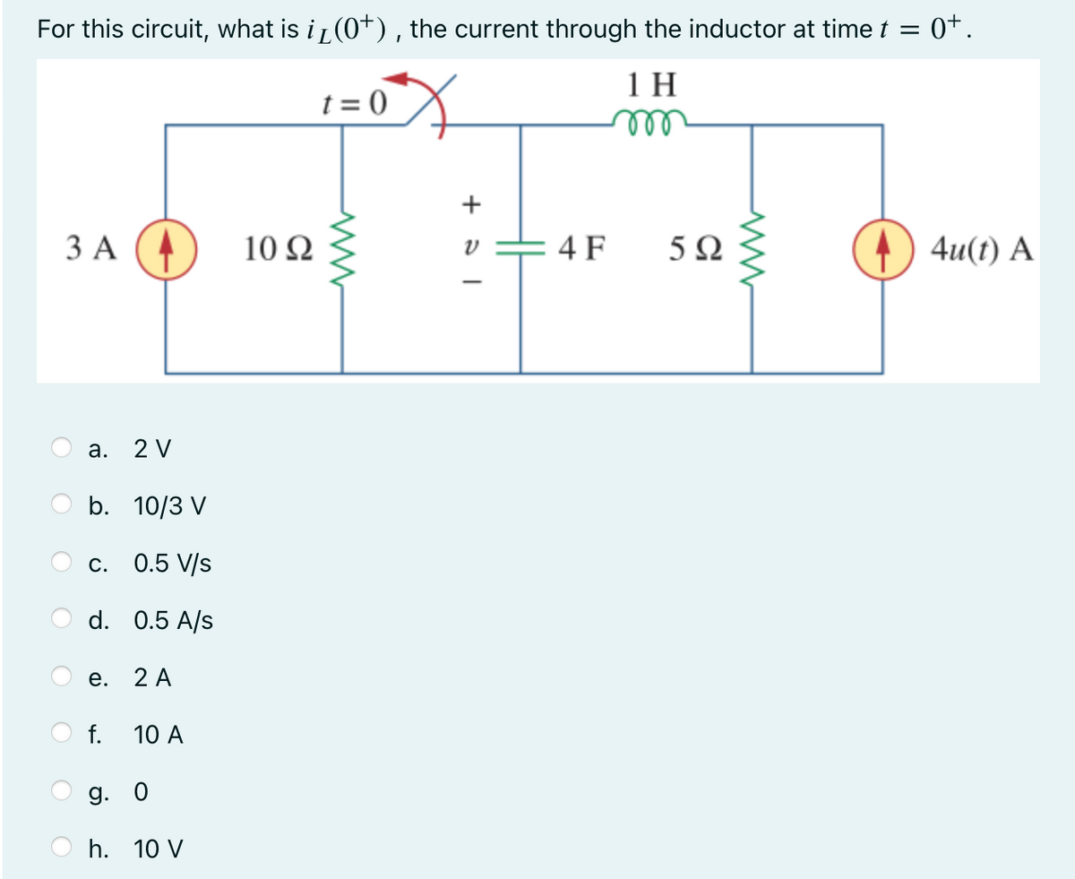 For this circuit, what is i₁(0*), the current through the inductor at time t =
0+.
t = 0
3 A
a.
b. 10/3 V
0.5 V/s
d. 0.5 A/s
C.
e.
2 V
f.
2 A
10 A
g. 0
h. 10 V
10 Q2
www
+31
4 F
1H
m
592
ww
4u(t) A