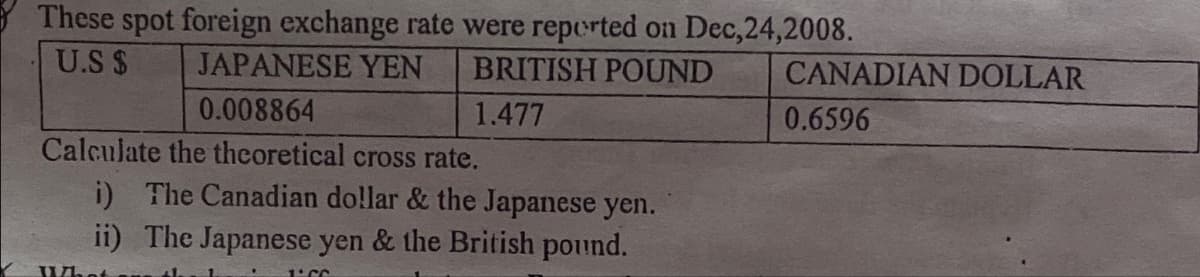 These spot foreign exchange rate were reported on Dec,24,2008.
U.S $
JAPANESE YEN
0.008864
Calculate the theoretical cross rate.
BRITISH POUND
1.477
i) The Canadian dollar & the Japanese yen.
ii) The Japanese yen & the British pound.
CANADIAN DOLLAR
0.6596