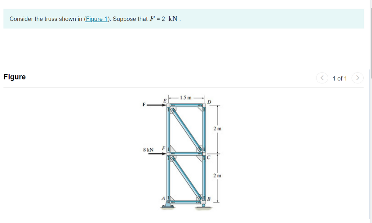 Consider the truss shown in (Figure 1). Suppose that F = 2 kN.
Figure
F
8 kN
1.5 m
D
2m
2 m
< 1 of 1
>