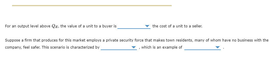 For an output level above QE, the value of a unit to a buyer is
the cost of a unit to a seller.
Suppose a firm that produces for this market employs a private security force that makes town residents, many of whom have no business with the
company, feel safer. This scenario is characterized by
which is an example of
