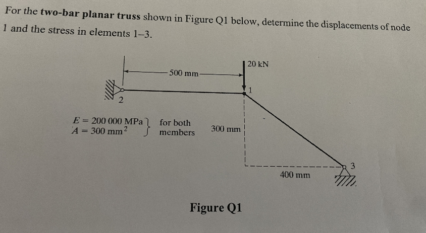 For the two-bar planar truss shown in Figure Q1 below, determine the displacements of node
1 and the stress in elements 1-3.
2
E = 200 000 MPa
A = 300 mm²
-500 mm-
for both
members
300 mm
Figure Q1
20 KN
1
400 mm
3