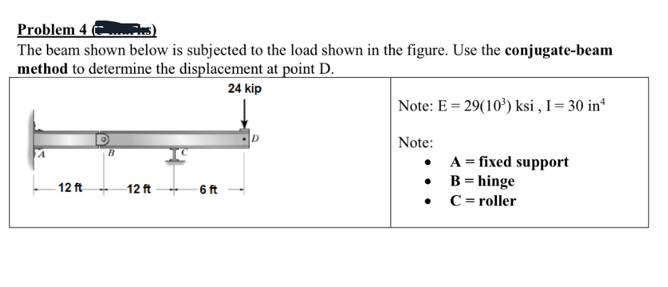 Problem 4 msk.
The beam shown below is subjected to the load shown in the figure. Use the conjugate-beam
method to determine the displacement at point D.
24 kip
12 ft
B
12 ft
-6 ft
D
Note: E = 29(10³) ksi, I = 30 in
Note:
A = fixed support
. B = hinge
C = roller