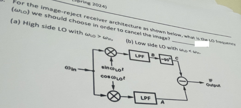 ring 2024)
For the image-reject receiver architecture as shown below, what is the LO frequency
(wlo) we should choose in order to cancel the image?
(a) High side LO with w₁O > Win,
sin@Lo
In
cos Lo
(b) Low side LO with wo<WIN.
LPF
LPF
A
IF
Output