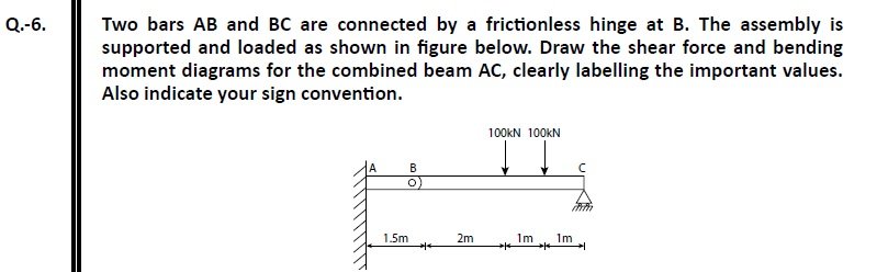 Q.-6.
Two bars AB and BC are connected by a frictionless hinge at B. The assembly is
supported and loaded as shown in figure below. Draw the shear force and bending
moment diagrams for the combined beam AC, clearly labelling the important values.
Also indicate your sign convention.
1.5m
B
**
2m
100kN 100KN
**
1m
**
1m
+