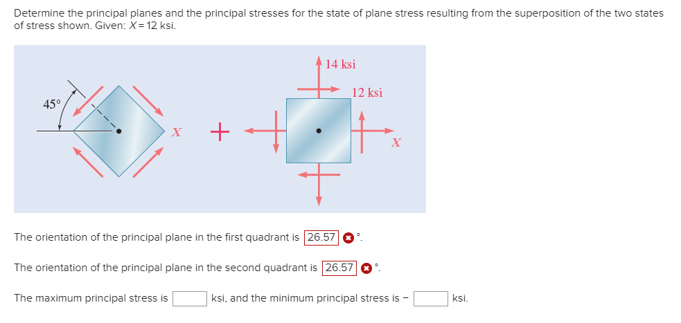 Determine the principal planes and the principal stresses for the state of plane stress resulting from the superposition of the two states
of stress shown. Given: X= 12 ksi.
45°
X
+
The maximum principal stress is
14 ksi
12 ksi
The orientation of the principal plane in the first quadrant is 26.57 19
The orientation of the principal plane in the second quadrant is 26.57 *°.
X
ksi, and the minimum principal stress is -
ksi.