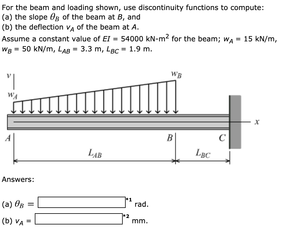 For the beam and loading shown, use discontinuity functions to compute:
(a) the slope B of the beam at B, and
(b) the deflection VA of the beam at A.
=
Assume a constant value of EI = 54000 kN-m² for the beam; WA
WB = 50 kN/M, LAB = 3.3 m, LBC = 1.9 m.
"I
WA
Answers:
(a) OB
(b) VA
=
=
LAB
*1
*2
rad.
mm.
WB
B
LBC
с
15 kN/m,
X