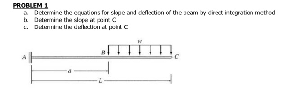 PROBLEM 1
a. Determine the equations for slope and deflection of the beam by direct integration method
b. Determine the slope at point C
c. Determine the deflection at point C
W