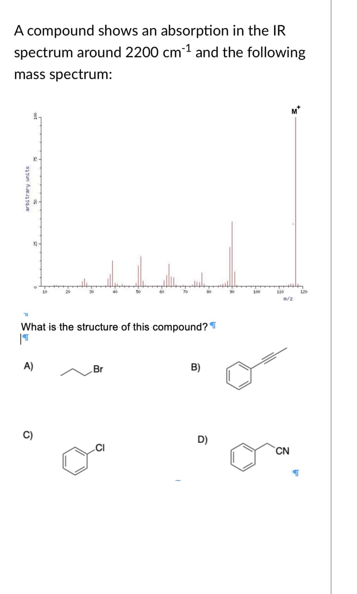A compound shows an absorption in the IR
spectrum around 2200 cm1 and the following
mass spectrum:
M*
R-
90
100
110
120
m/z
What is the structure of this compound? T
A)
Br
B)
D)
.CI
CN
arbitrary units
