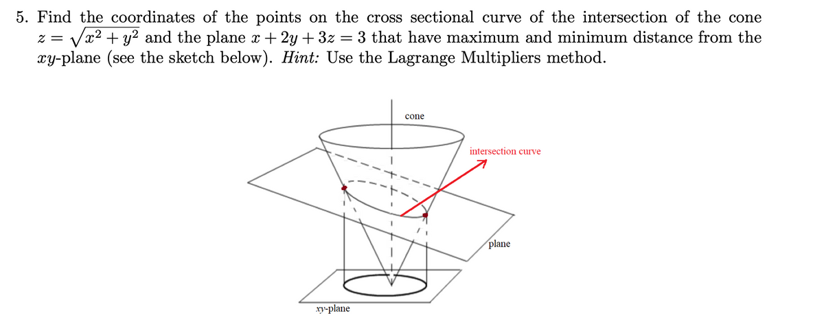 5. Find the coordinates of the points on the cross sectional curve of the intersection of the cone
√x² + y² and the plane x +2y+3z = 3 that have maximum and minimum distance from the
xy-plane (see the sketch below). Hint: Use the Lagrange Multipliers method.
2 =
cone
intersection curve
plane
xy-plane
50